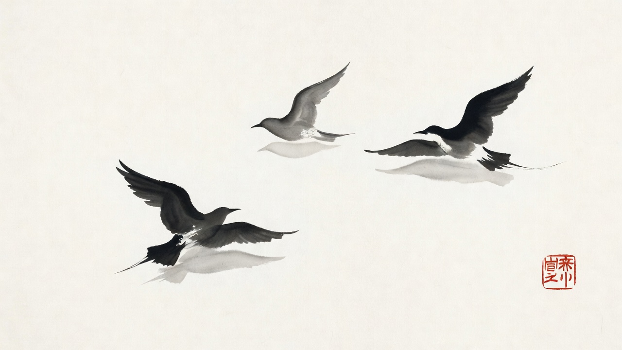 飛ぶ鳥の墨絵作品