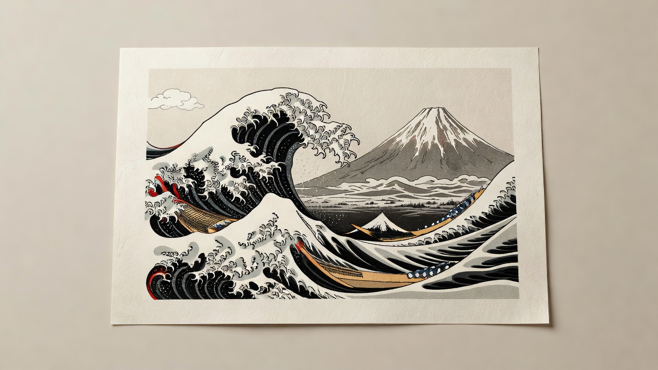 富士と波の木版画